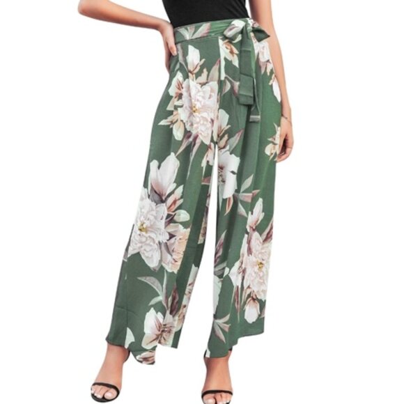 Women's Boho High Waist Wide Leg Pants Floral Print Summer Beach Pants - Picture 1 of 4